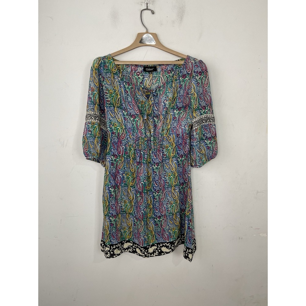 Tolani Women Dress XS Paisley Silk Resort Travel‎ Boho Flowy Ruched Luxury